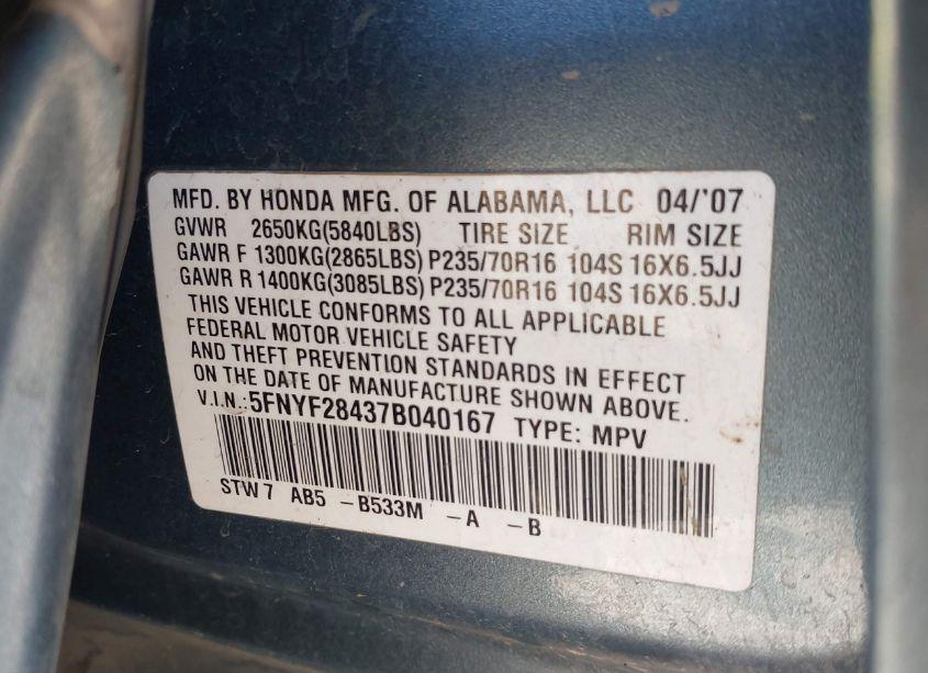 Photo 9 of 2007 Honda Pilot EX (VIN 5FNYF28437B040167)