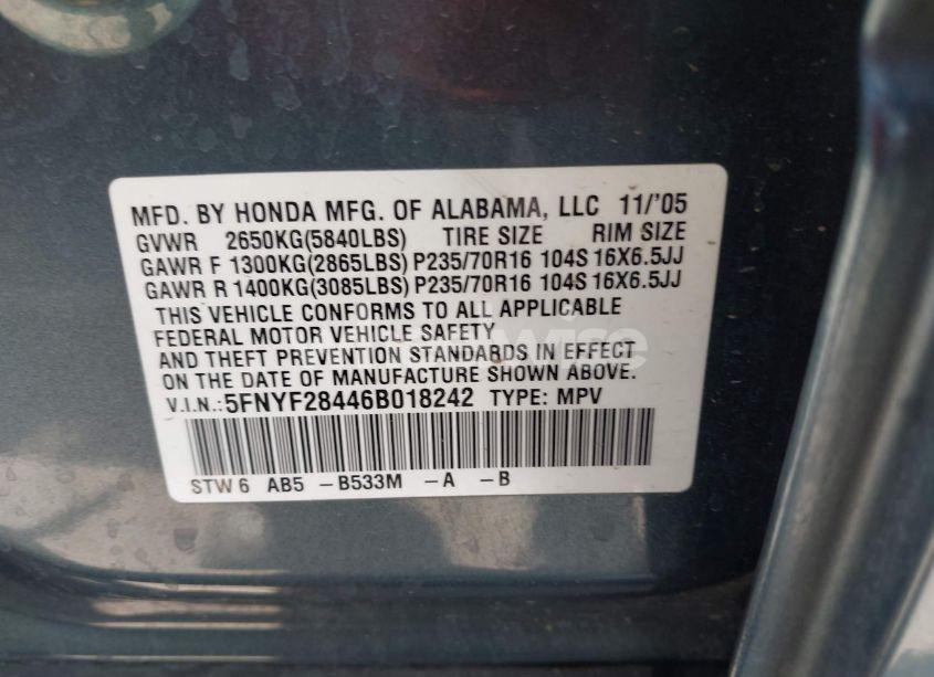 Photo 9 of 2006 Honda Pilot EX (VIN 5FNYF28446B018242)