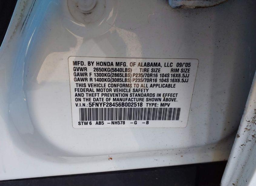 Photo 9 of 2006 Honda Pilot EX (VIN 5FNYF28456B002518)