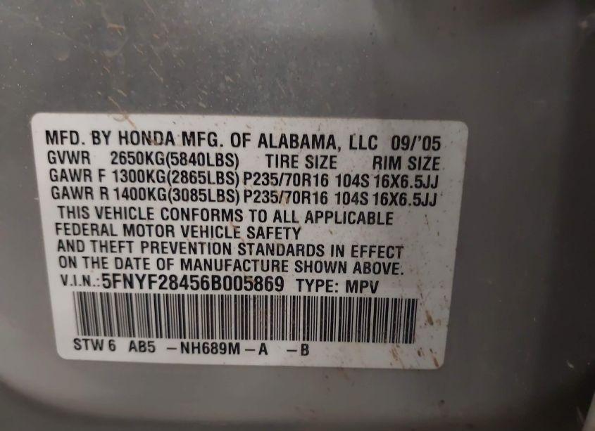 Photo 9 of 2006 Honda Pilot EX (VIN 5FNYF28456B005869)
