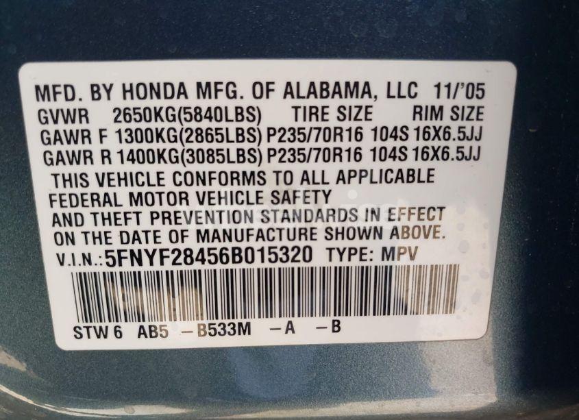 Photo 9 of 2006 Honda Pilot EX (VIN 5FNYF28456B015320)