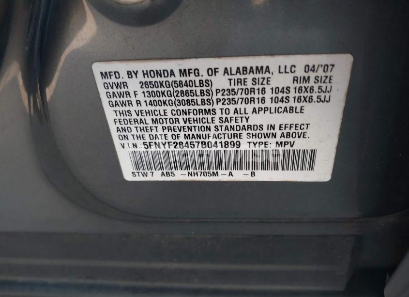 Photo 9 of 2007 Honda Pilot EX (VIN 5FNYF28457B041899)