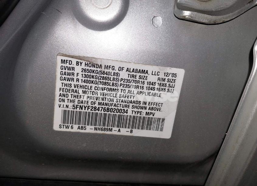 Photo 9 of 2006 Honda Pilot EX (VIN 5FNYF28476B020034)