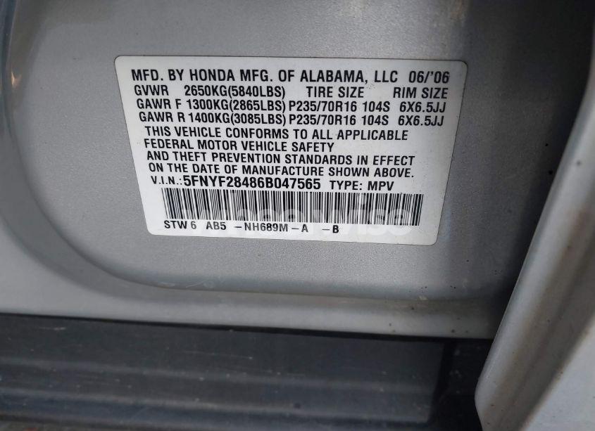 Photo 9 of 2006 Honda Pilot EX (VIN 5FNYF28486B047565)