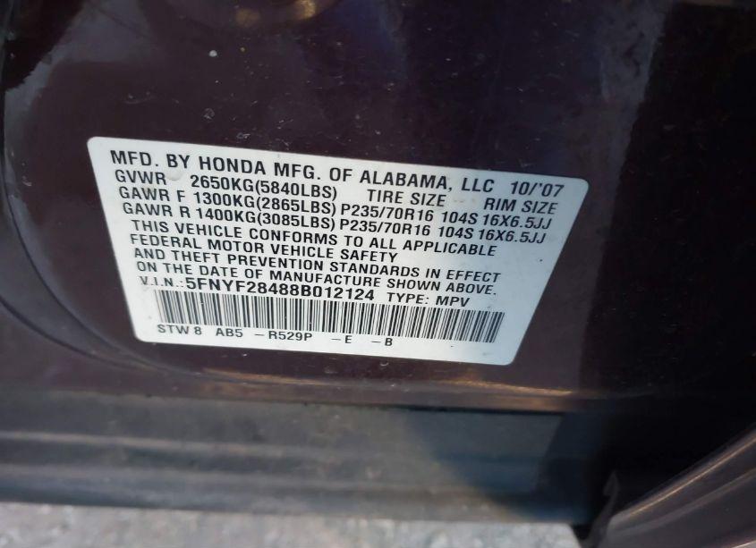 Photo 9 of 2008 Honda Pilot EX (VIN 5FNYF28488B012124)