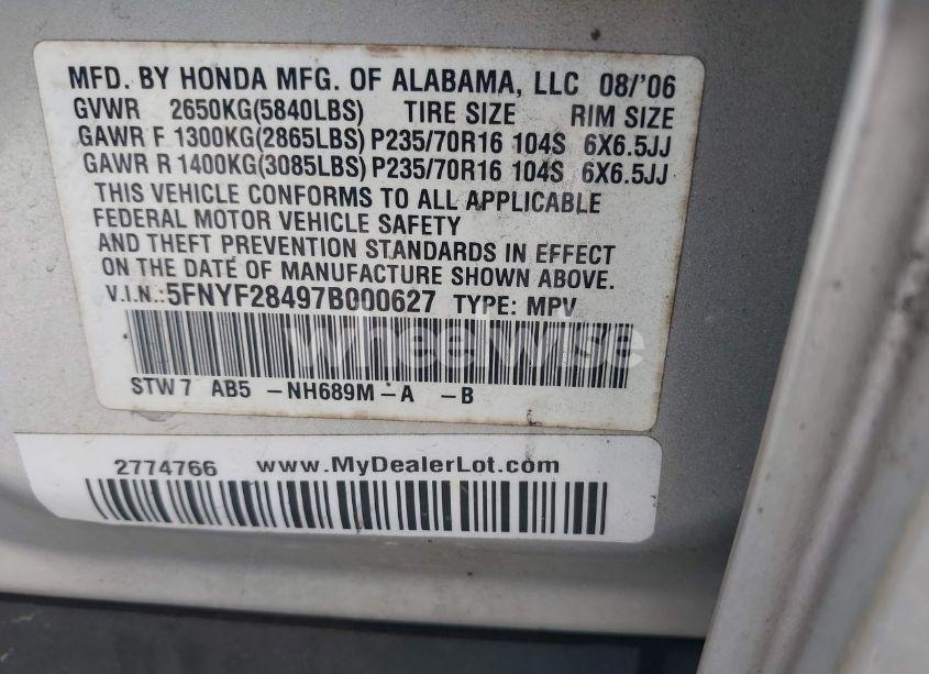 Photo 9 of 2007 Honda Pilot EX (VIN 5FNYF28497B000627)