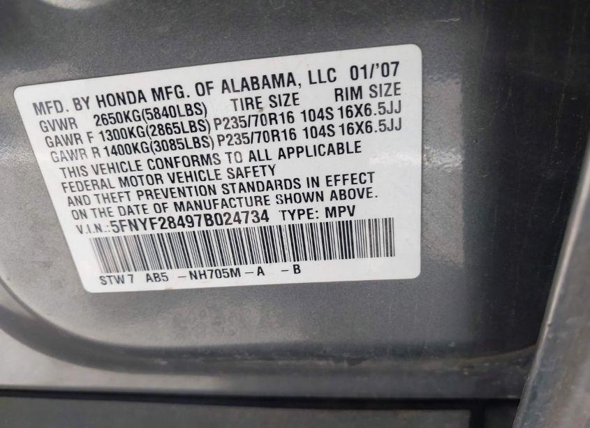 Photo 9 of 2007 Honda Pilot EX (VIN 5FNYF28497B024734)