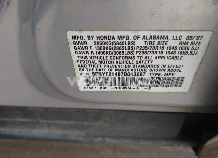 Photo 9 of 2007 Honda Pilot EX (VIN 5FNYF28497B043297)