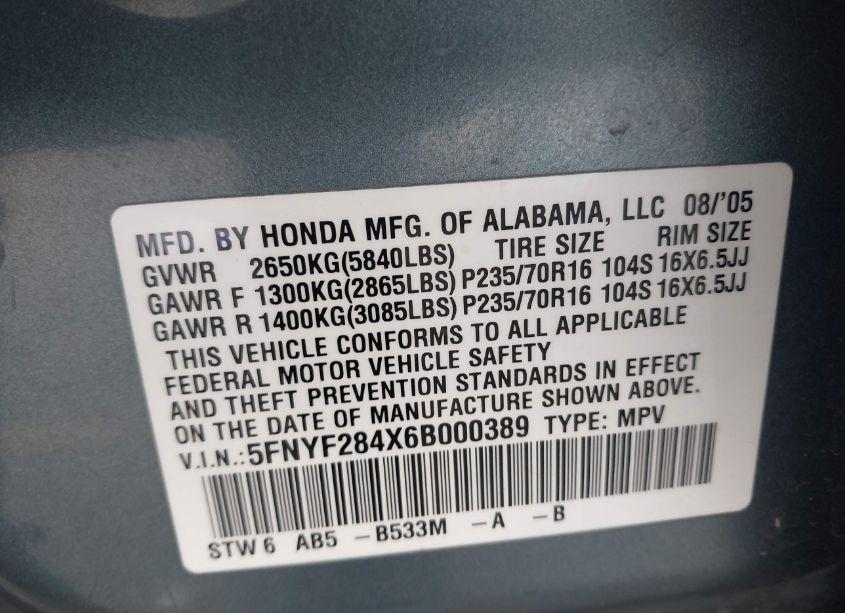 Photo 9 of 2006 Honda Pilot EX (VIN 5FNYF284X6B000389)