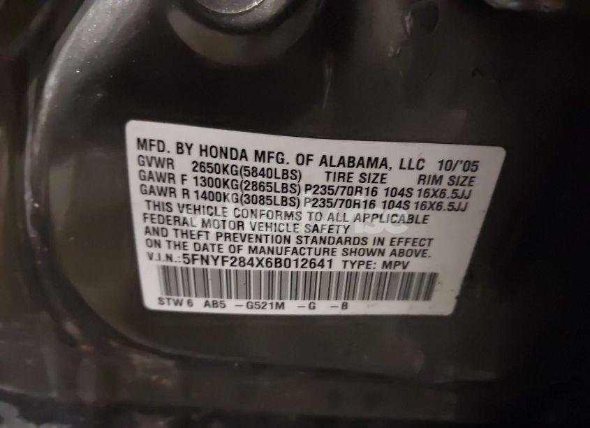 Photo 9 of 2006 Honda Pilot EX (VIN 5FNYF284X6B012641)