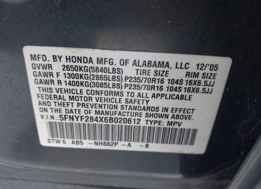 Photo 9 of 2006 Honda Pilot EX (VIN 5FNYF284X6B020612)