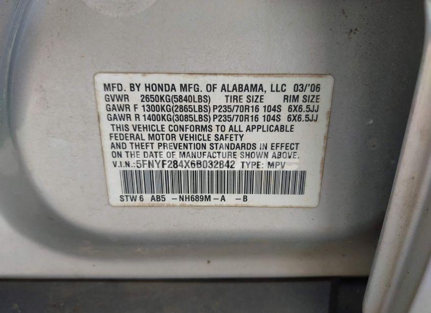 Photo 9 of 2006 Honda Pilot EX (VIN 5FNYF284X6B032842)