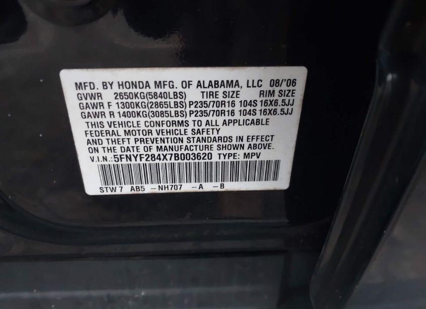 Photo 9 of 2007 Honda Pilot EX (VIN 5FNYF284X7B003620)