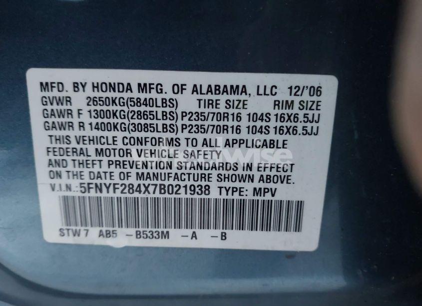 Photo 9 of 2007 Honda Pilot EX (VIN 5FNYF284X7B021938)