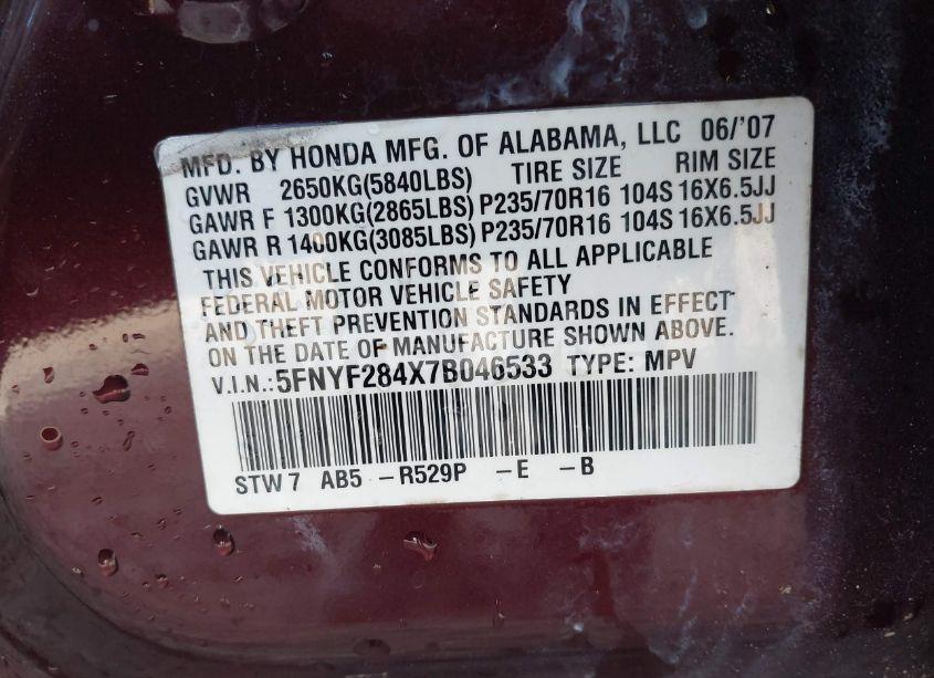 Photo 9 of 2007 Honda Pilot EX (VIN 5FNYF284X7B046533)