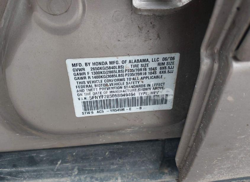 Photo 9 of 2006 Honda Pilot EX-L (VIN 5FNYF28506B049464)