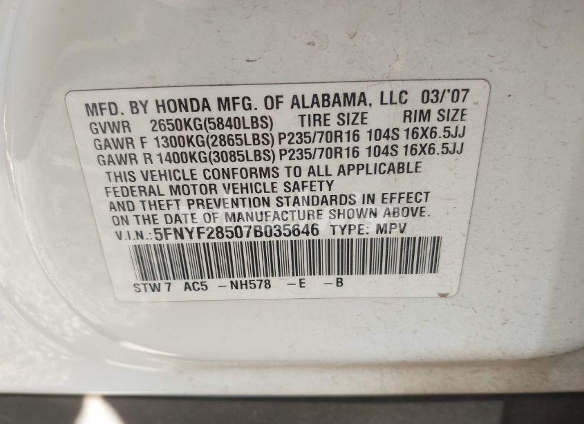 Photo 9 of 2007 Honda Pilot EX-L (VIN 5FNYF28507B035646)