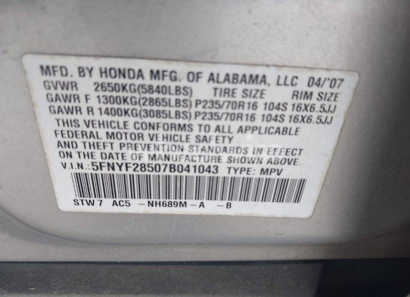 Photo 9 of 2007 Honda Pilot EX-L (VIN 5FNYF28507B041043)