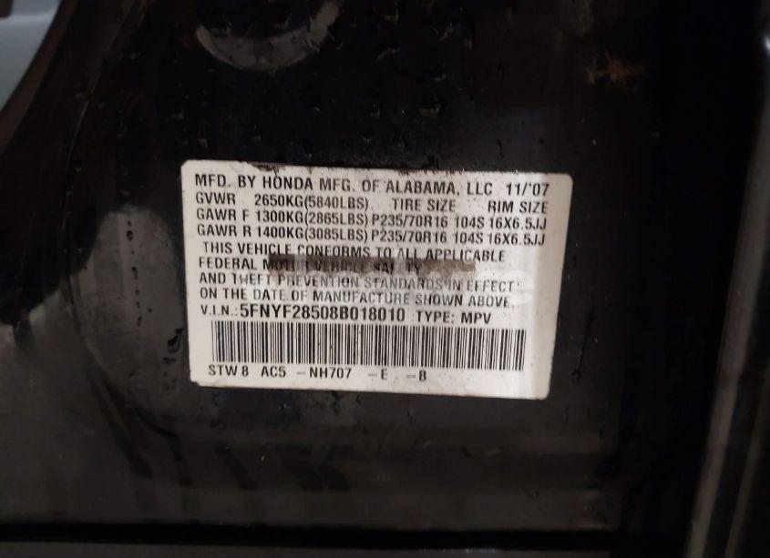 Photo 9 of 2008 Honda Pilot EX-L (VIN 5FNYF28508B018010)