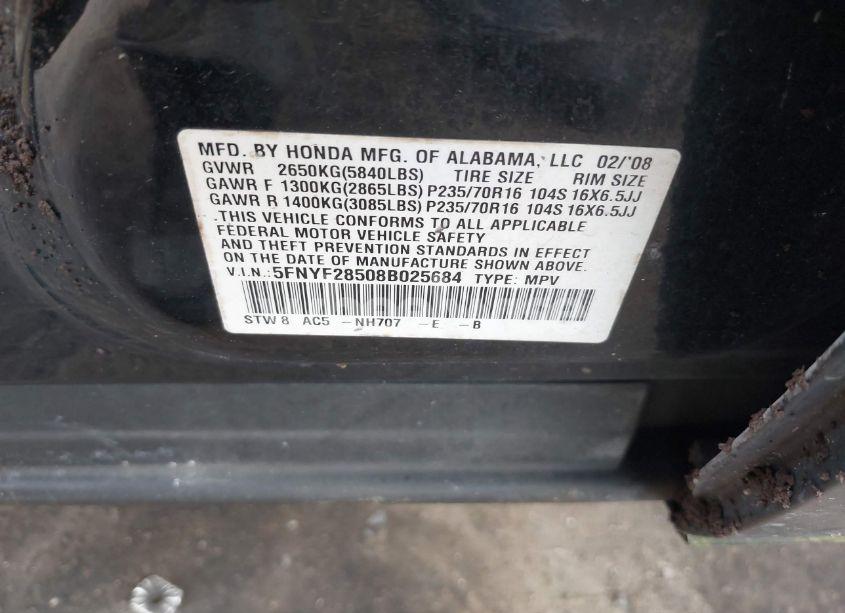 Photo 9 of 2008 Honda Pilot EX-L (VIN 5FNYF28508B025684)