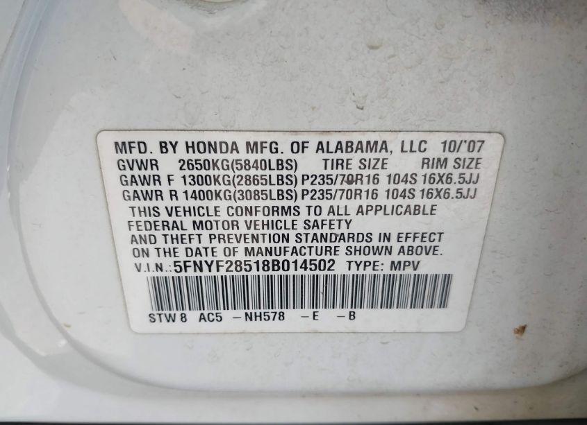 Photo 9 of 2008 Honda Pilot EX-L (VIN 5FNYF28518B014502)