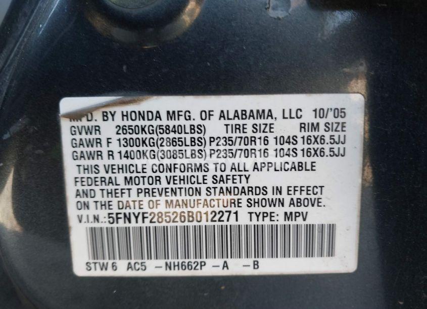 Photo 9 of 2006 Honda Pilot EX-L (VIN 5FNYF28526B012271)