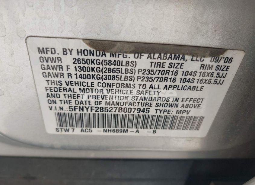 Photo 9 of 2007 Honda Pilot EX-L (VIN 5FNYF28527B007945)