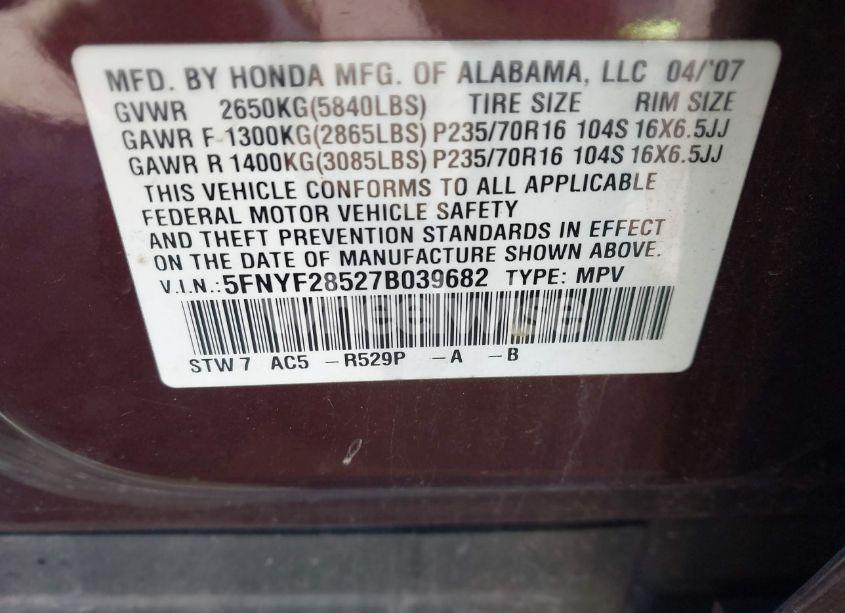 Photo 9 of 2007 Honda Pilot EX-L (VIN 5FNYF28527B039682)