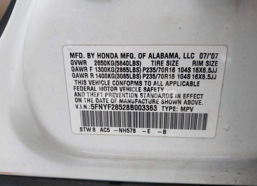 Photo 9 of 2008 Honda Pilot EX-L (VIN 5FNYF28528B003363)