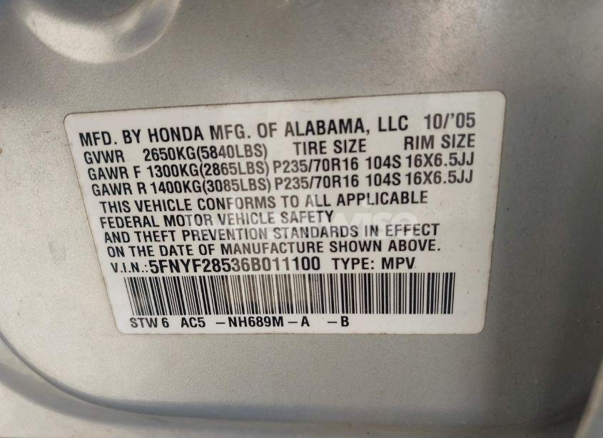 Photo 9 of 2006 Honda Pilot EX-L (VIN 5FNYF28536B011100)