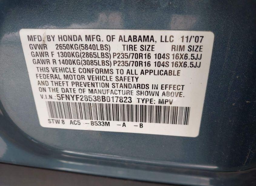 Photo 9 of 2008 Honda Pilot EX-L (VIN 5FNYF28538B017823)