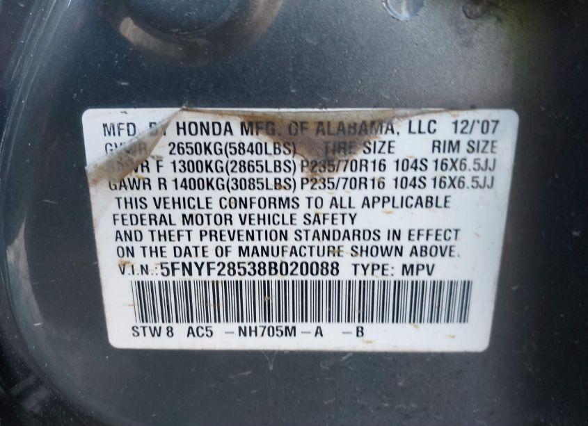 Photo 9 of 2008 Honda Pilot EX-L (VIN 5FNYF28538B020088)