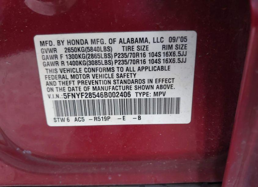 Photo 8 of 2006 Honda Pilot EX-L (VIN 5FNYF28546B002406)