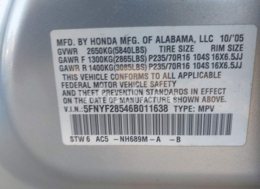 Photo 9 of 2006 Honda Pilot EX-L (VIN 5FNYF28546B011638)