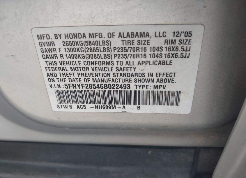 Photo 9 of 2006 Honda Pilot EX-L (VIN 5FNYF28546B022493)