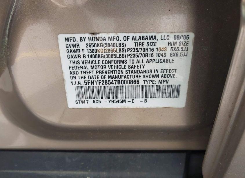 Photo 9 of 2007 Honda Pilot EX-L (VIN 5FNYF28547B000866)