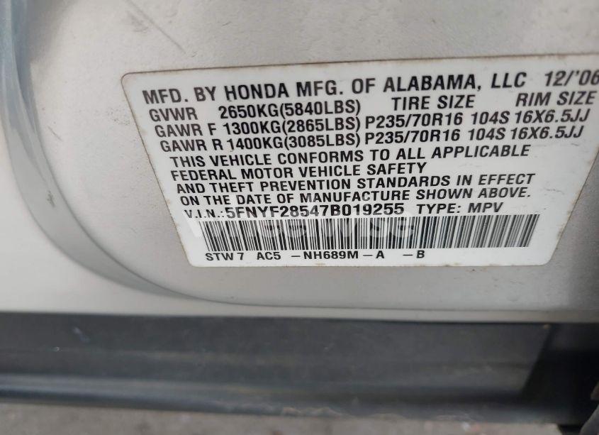 Photo 9 of 2007 Honda Pilot EX-L (VIN 5FNYF28547B019255)