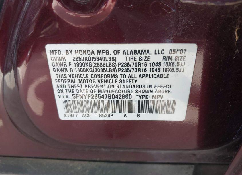 Photo 9 of 2007 Honda Pilot EX-L (VIN 5FNYF28547B042860)