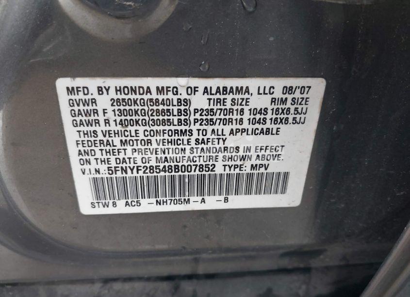 Photo 9 of 2008 Honda Pilot EX-L (VIN 5FNYF28548B007852)