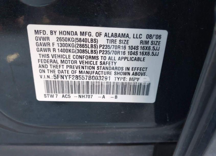 Photo 9 of 2007 Honda Pilot EX-L (VIN 5FNYF28557B003291)
