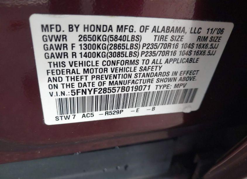 Photo 9 of 2007 Honda Pilot EX-L (VIN 5FNYF28557B019071)