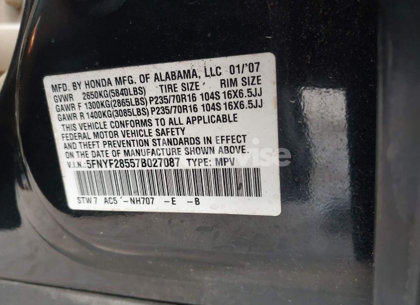 Photo 9 of 2007 Honda Pilot EX-L (VIN 5FNYF28557B027087)