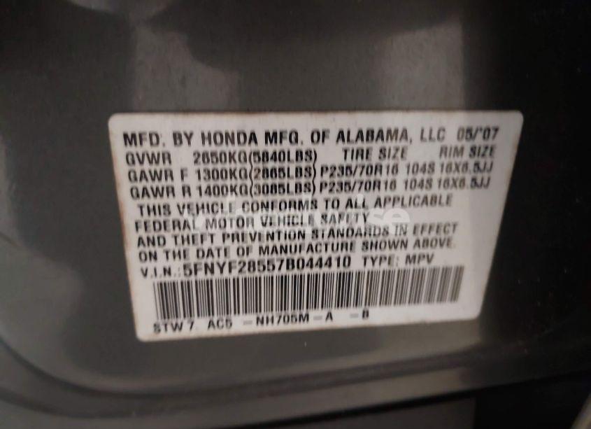Photo 9 of 2007 Honda Pilot EX-L (VIN 5FNYF28557B044410)