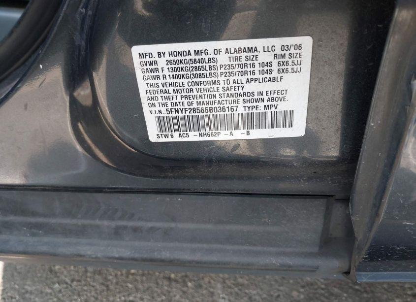 Photo 9 of 2006 Honda Pilot EX-L (VIN 5FNYF28566B036167)