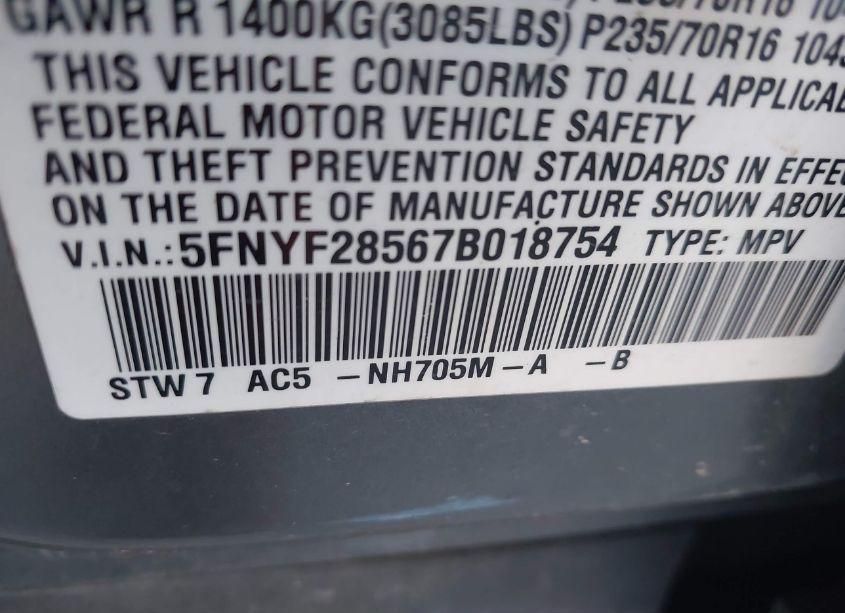 Photo 9 of 2007 Honda Pilot EX-L (VIN 5FNYF28567B018754)