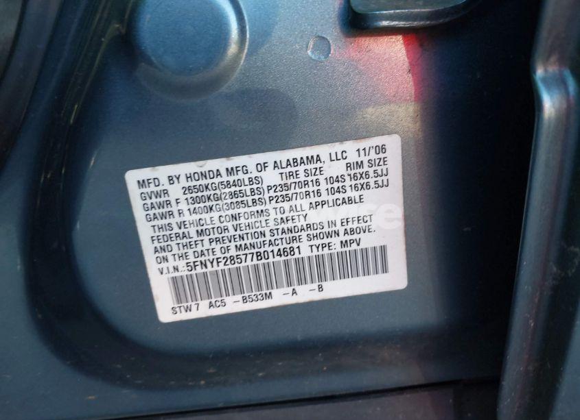 Photo 9 of 2007 Honda Pilot EX-L (VIN 5FNYF28577B014681)