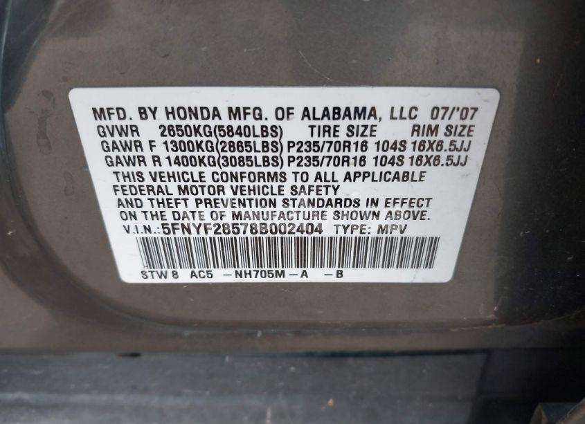 Photo 9 of 2008 Honda Pilot EX-L (VIN 5FNYF28578B002404)