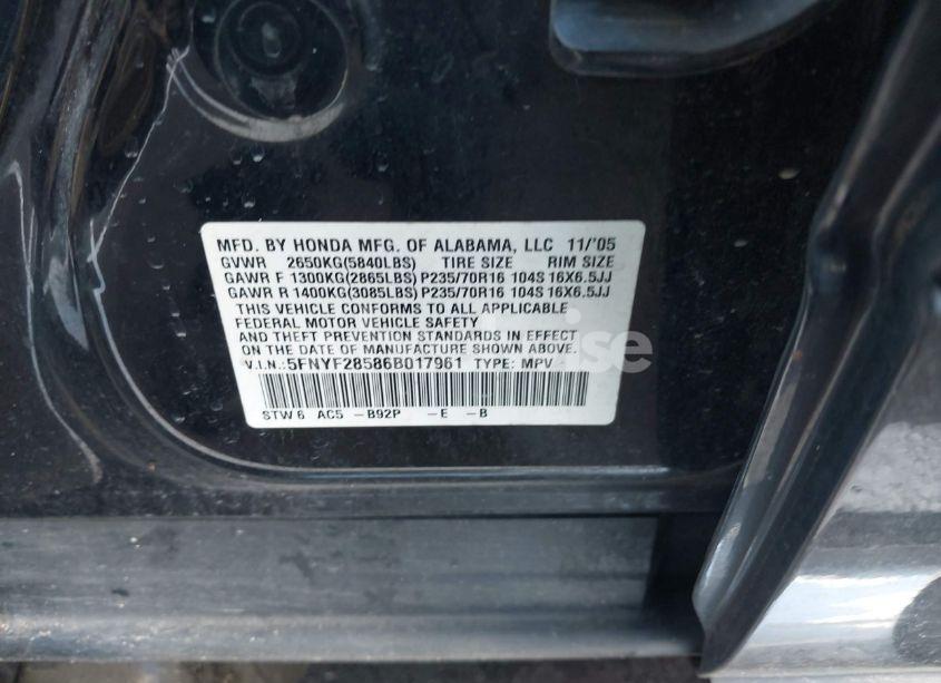 Photo 9 of 2006 Honda Pilot EX-L (VIN 5FNYF28586B017961)