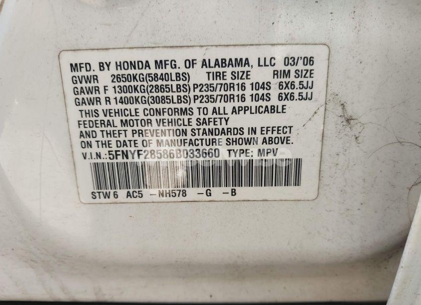 Photo 9 of 2006 Honda Pilot EX-L (VIN 5FNYF28586B033660)