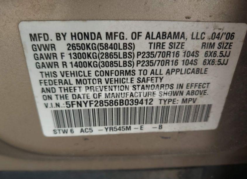 Photo 9 of 2006 Honda Pilot EX-L (VIN 5FNYF28586B039412)